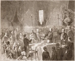 A Masonic baptism at the lodge of the Fraternelle Amitive in 1861.