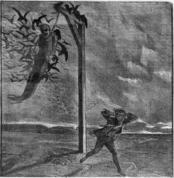 A child is frightened by the sight of a hanged man devoured by crows - Illustration of 