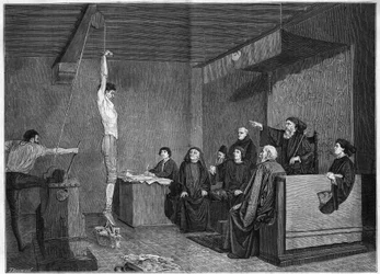 A court in the 15th century - interrogation. The question is suspended with weights on the feet. Engraving after the painting by Adolphe Steinheil (1850-1908) presented at the Salon de 1875