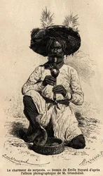 A Fakir, Snake Charmer. Engraving to Illustrate the Voyage in the Meridional Provinces of India, by Alfred Grandidier, in 1862-1864, Published in le tour du monde, under the Direction of Edouard Charton, Hachette, Paris 1869. Selva Collection.