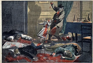 A murdered family: murder of the Leblond family by Caillard, a madman, in Nassandre, near Bernay. Illustration in “Le Pèlerin” of April 10