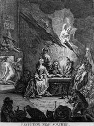 A girl is received by a witch, surrounded by monstrous creatures (at an initiation ceremony?). Engraving of the 17th century