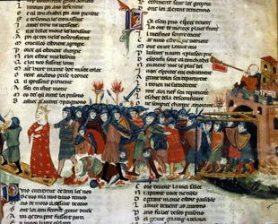 A king is taken prisoner and taken away by the enemy army while the victims of the battle lie on the ground. Miniature from the "Roman de Troie" by Benoît de Sainte-Maure. 14th century, Biblioteca Marciana, Venice.