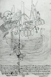 A man tries to repair the hull of a boat with a mask