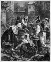 A market day in Tenerife in the Canary Islands in the Atlantic Ocean - engraving of 1888