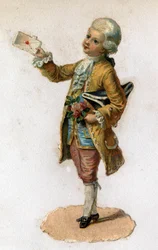 A messenger carrying a sealed letter. Chromolithography around 1890
