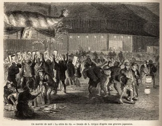 A night walk in Edo (Tokyo), the rice auction, sale to the encheres of a harvest, which creates a tumultuous gathering in front of a building surmounted by a huge torch of braided straw, with a sign with gold letters and the coat of arms of the collector