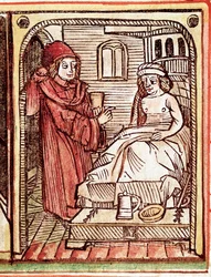 A physician gives his patient a treatment made with medicinal plants Engraving from 