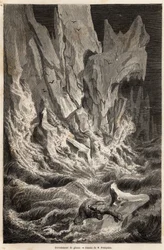 A polar bear on an iceberg, after the collapse of a block of ice from Spitzberg, an archipelago of the Arctic Ocean, drawing by V. Foulquier, to illustrate the Spitzberg in 1838-1839, by Charles Martins. Engraving in 