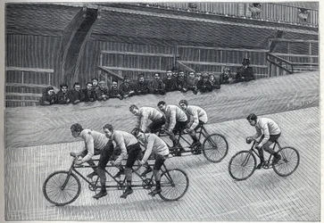 A Recordman Cyclist with His Trainers on Triplet Trains on a Bike Track. Engraving in 