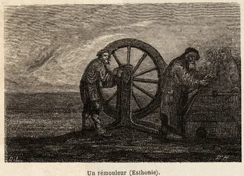 A remover in Estonia. Drawing by Henriet, to illustrate his trip to the Russian Baltic provinces in 1851-54. Engraving in 
