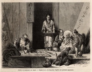 A sculpture workshop in Yedo (or Edo, present-day Tokyo), pruning granite for the manufacture of pillars, statuettes, candelabra and tombstones, as well as wood carving, for the manufacture of altar panels, decorative woodwork, coffins and chimeric figurin