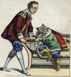 A Servant Serves the Cat Boots a Mouse Tray. Illustration of 