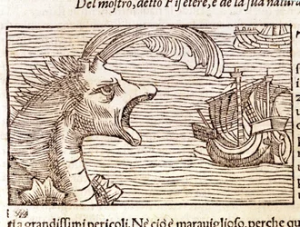 A sperm whale (?) (physeter) attacks a ship. Engraving by Olaus Magnus (1490 - 1557), Swedish religious and geographer, 