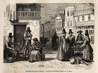 A street in Wales, with locals dressed in traditional costumes, and everyday activities: a first-hand family and women spinning wool with wheels. Engraving to illustrate a voyage in Wales, in 1862, by Alfred Erny, in 