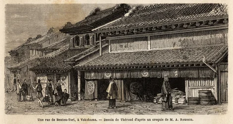 A street of Benten Tori with passers-by and porters