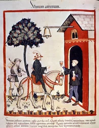 A traveller is welcomed in an inn and is offered a glass of wine. Illumination from the milking of medicine and dietetics 