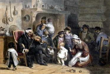 A vigil: family gathered around a priest playing the violin, 19th century