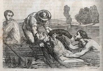 Accident medicine - on the most effective relief to be given to the drowned people - to remove a drowning man from the water, you have to do it as conveniently as possible - engraving in La Sante Universelle - Guide Medical des Families 1852