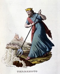 According to Greek mythology, earthquakes are caused by Neptune who shakes the earth with his trident. Engraving of the 19th century.