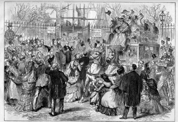 Adolphe Thiers (1797-1877), President of the French Republic, visiting the construction work of his house Place Saint Georges in Paris, is warmly welcomed by the population