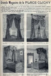 Advertising for furniture and decorations of the department stores of the Place de Clichy in Paris. Engraving in Le sun-du-dimanche