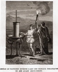 Aeneas the Tactician invents the art of phrasic signals, 366 BC. Engraving 19th century, Bianchetti collection