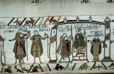 After the death of Edward the Confessor, Harold was crowned king as Harold II in 1066 (Detail of Bayeux Tapestry)