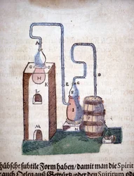 Alchemy: apparatus for distillation (engraving from a book by Pietro Andrea Mattioli)