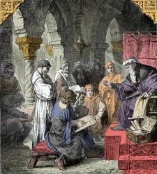 Alchemy and Astrology Taught in the Schools - Science Education in the Middle Ages: a teacher gives a lecture on astronomy and alchemy to young people