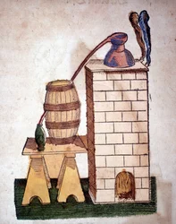 Alchemy: apparatus for distillation (engraving from a book by Pietro Andrea Mattioli)