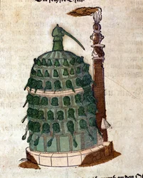 Alchemy: the Athanor oven, engraving from a book by Pietro Andrea Mattioli