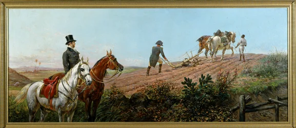 Allegory depicting Napoleon plowing under the supervision of his Black servant on St. Helena, by Olivier Pichat (1825-1912)
