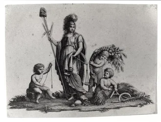 Allegory of the Cisalpine Republic created by Napoleon Bonaparte on 27/06/1797 on the French model in Italy, which became the Italian Republic in 1802. The symbols of the French Republic are represented. Engraving Museo del Risorgimento, Milan.