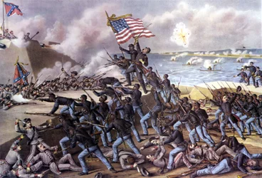 American Civil War: attack on Fort Wagner on Jekyll Island off Georgia by 2000 Black volunteers in July 1863. Engraving of the 19th century