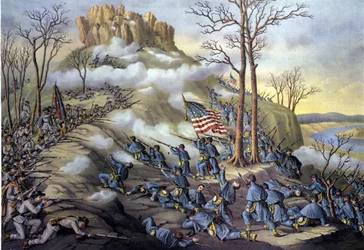 American Secession War or Civil War (1861 - 1865): 23/11/1863, Battle of Lookout Mountain in Tennessee, an assault known today as the battle over the clouds because of the fog that allowed federal troops to advance faster. Engraving of the 19th century
