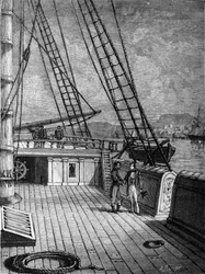 American inventor Samuel Finley Breese Morse (1791-1872) aboard the ship “Sully” on 13/10/1832. It was on this trip that he developed the foundations for the invention of the telegraph. Engraving of the 19th century