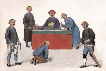 An Accused Before a Magistrate Assisted by a Clerk, a Secretary, and Guards in 