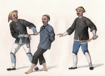 An accused is taken to prison, tied by a chain around his neck. Engraving, in 