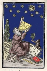 An astronomer doing calculations using a sextant during an eclipse. Engraving of the 16th century