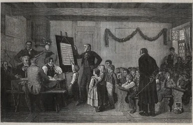 An examination session at a Swiss school - engraving in 