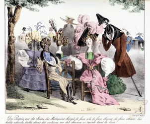 An ironic description of the 19th century bourgeois fashion: “Dolls on chairs, models loaded with fake collars, fake horses, fake attractions; ridiculous clothes spread out in cars, on horses or dragged in mud.” In “La silhouette”, satirical journal