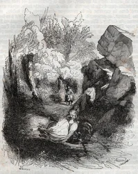 Angelique (Angelica) fleeing the old hermit - engraving of 1851 from Furious Roland (Orlando furioso) (16th century) by Ludovico Ariosto, known as the Ariosta - Edition translated from Italian by the Count of Tressan and published by Gustave Harvard 1