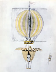 Anonymous Drawing of a Sailing Airship Balloon with a Cone Parachute