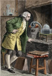 Antoine Laurent Lavoisier (1743-1894), French chemist, investigating the existence of oxygen in the air: experiment in which he obtained mercuric oxide - Lavoisier in his laboratory. Engraving of the 19th century.