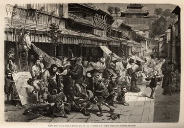 Appearance of a street in Edo (Tokyo) on the first day of the year, the transvestite inhabitants walk around and children