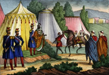 Arab leader offering a horse to an officer of the French Army of Africa, Algeria
