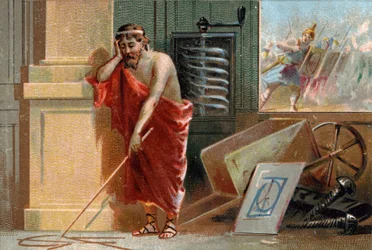 Archimedes of Syracuse (287- 212 BC) plotting geometric shapes on the ground, soon to be stopped by Roman soldiers at the bottom of the scene. In his workshop one can recognize his various inventions: the screw and the wheelbarrow. Chromolithography of the