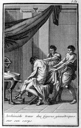 Archimedes traces geometric figures on his body