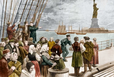 Arrival of emigrants in New York in 1887 (in the background, the Statue of Liberty)